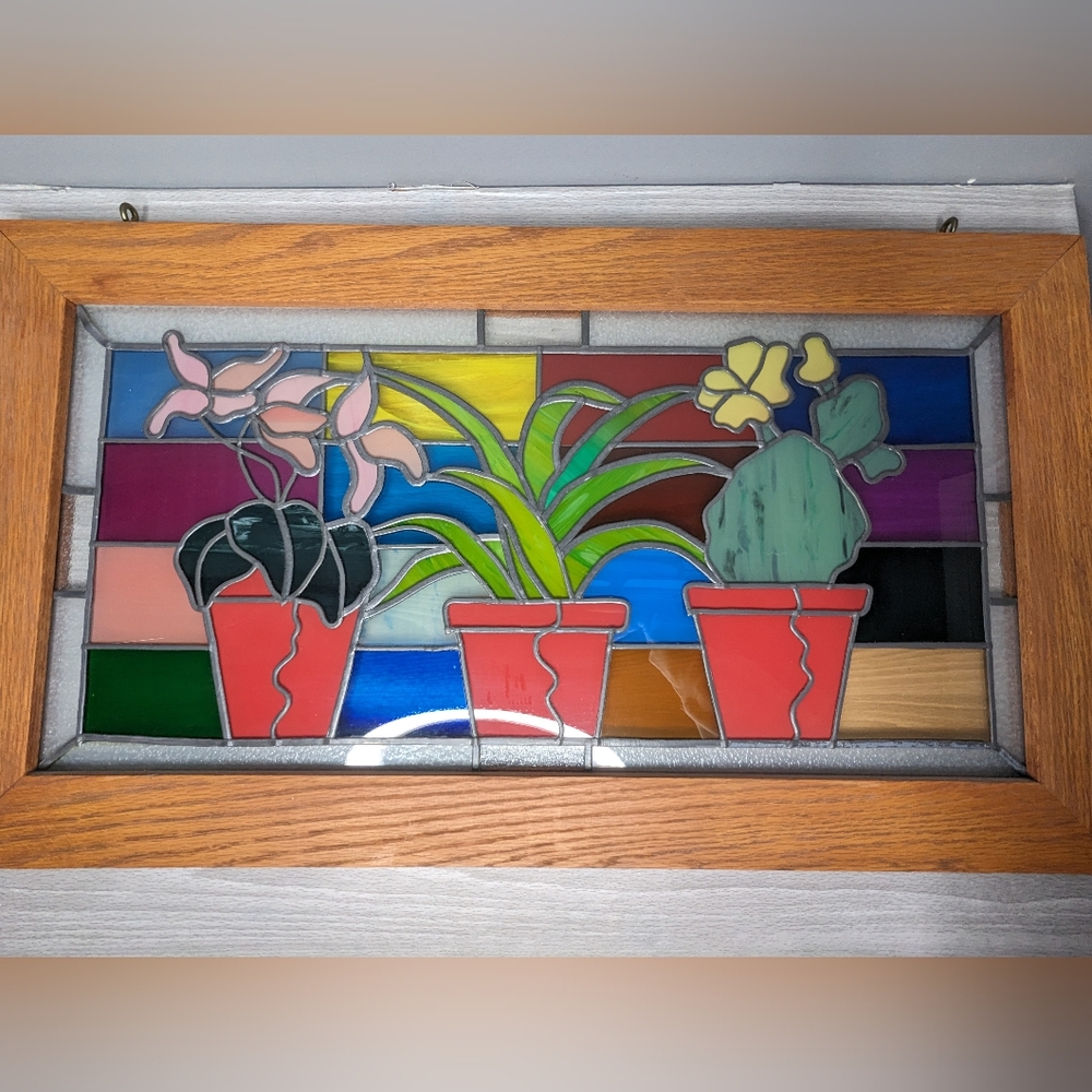 Vintage Wood Framed House Plants Large Stained Glass - Picture 11 of 14